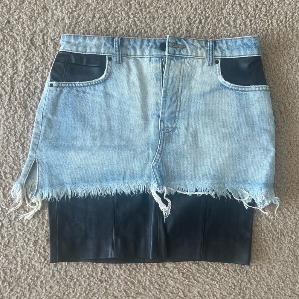 Alexander Wang Black Leather and Denim Jeans Hybrid Moto Skirt